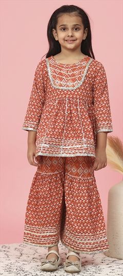 Festive, Party Wear Beige and Brown color Girls Top with Bottom in Cotton fabric with Gota Patti, Printed work : 1824666