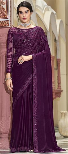Mehendi Sangeet, Wedding Purple and Violet color Saree in Chiffon fabric with Classic Embroidered, Sequence, Thread work : 1824678