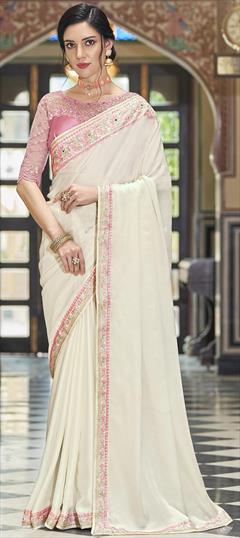 Traditional, Wedding White and Off White color Saree in Satin Silk, Silk fabric with South Embroidered, Mirror, Sequence, Thread work : 1824682