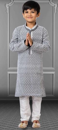 Black and Grey color Boys Kurta Pyjama in Georgette fabric with Embroidered, Thread work : 1824745