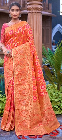 Traditional Orange color Saree in Banarasi Silk, Silk fabric with South Weaving work : 1824767