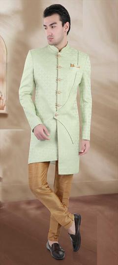 Green color IndoWestern Dress in Brocade fabric with Weaving work : 1824803