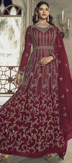 Engagement, Mehendi Sangeet, Reception Red and Maroon color Salwar Kameez in Net fabric with Anarkali Resham, Sequence, Thread work : 1824823