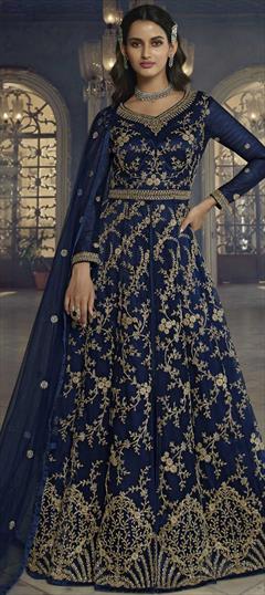 Engagement, Mehendi Sangeet, Reception Blue color Salwar Kameez in Net fabric with Anarkali Resham, Sequence, Thread work : 1824828
