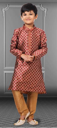 Red and Maroon color Boys Kurta Pyjama in Jacquard fabric with Thread, Weaving work : 1824876