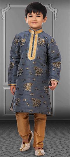 Black and Grey color Boys Kurta Pyjama in Jacquard fabric with Thread, Weaving work : 1824877