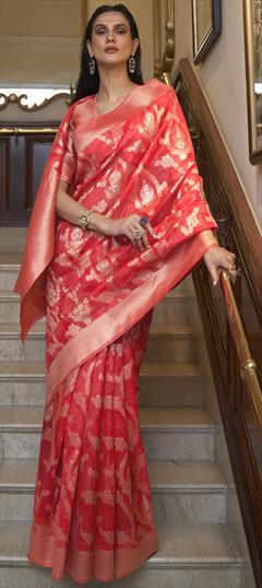 Traditional Red and Maroon color Saree in Organza Silk, Silk fabric with South Weaving work : 1824954