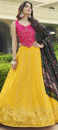 Bridal, Wedding Yellow color Lehenga in Georgette fabric with A Line Embroidered, Sequence, Thread work : 1824960