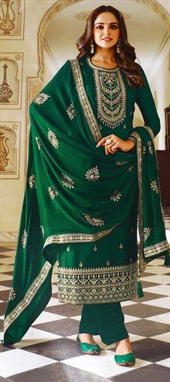Bollywood Green color Salwar Kameez in Art Silk fabric with Straight Embroidered, Thread, Zari work : 1825156