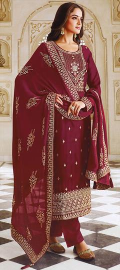Bollywood Red and Maroon color Salwar Kameez in Art Silk fabric with Straight Embroidered, Thread, Zari work : 1825157