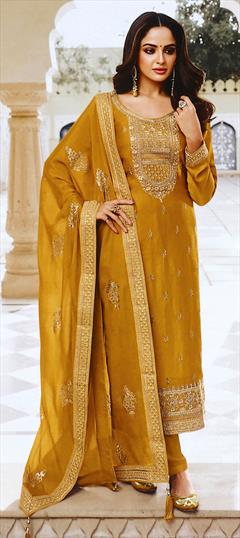 Bollywood Yellow color Salwar Kameez in Art Silk fabric with Straight Embroidered, Thread, Zari work : 1825158