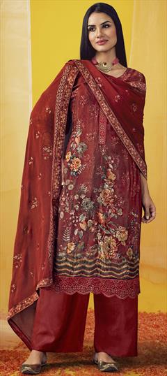 Mehendi Sangeet, Reception Beige and Brown color Salwar Kameez in Chiffon fabric with Palazzo Digital Print, Embroidered, Floral, Resham, Sequence work : 1825193