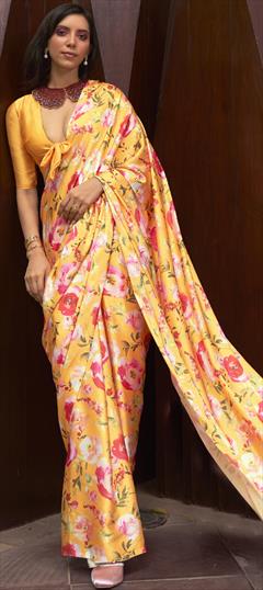 Bollywood, Casual, Designer, Traditional Yellow color Saree in Crepe Silk, Silk fabric with South Floral, Printed work : 1825222