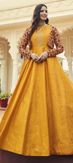 Festive, Party Wear Yellow color Gown in Cotton fabric with Embroidered, Sequence, Thread work : 1825363