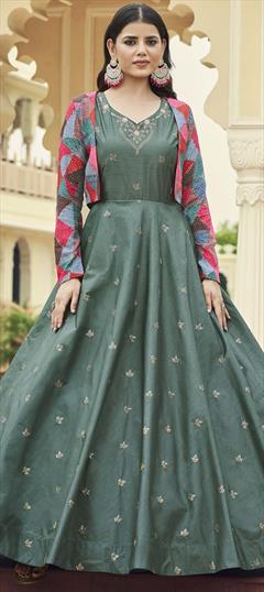 Festive, Party Wear Green color Gown in Cotton fabric with Embroidered, Sequence, Thread work : 1825365
