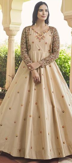 Festive, Party Wear Beige and Brown color Gown in Cotton fabric with Embroidered, Sequence, Thread work : 1825367