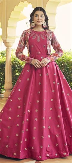 Festive, Party Wear Pink and Majenta color Gown in Cotton fabric with Embroidered, Sequence, Thread work : 1825369