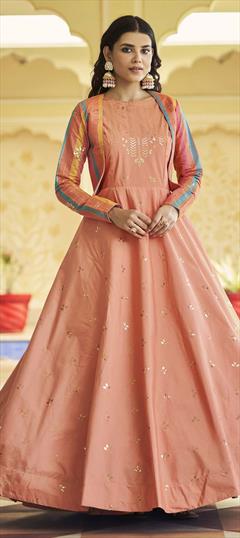 Festive, Party Wear Pink and Majenta color Gown in Cotton fabric with Embroidered, Sequence, Thread work : 1825372