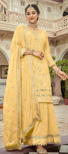 Party Wear, Reception Yellow color Salwar Kameez in Georgette fabric with Sharara Embroidered, Mirror, Resham, Stone, Thread work : 1825391