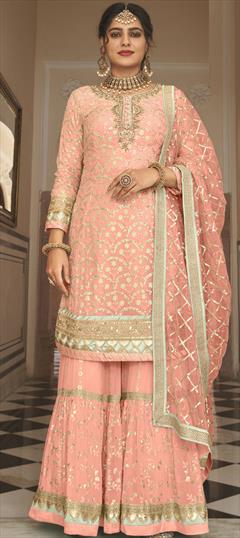 Party Wear, Reception Pink and Majenta color Salwar Kameez in Georgette fabric with Palazzo Bugle Beads, Sequence, Stone, Thread, Zardozi work : 1825392