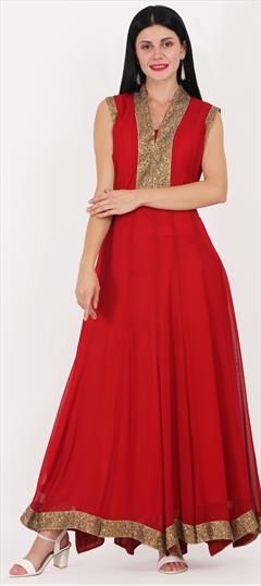 Party Wear Red and Maroon color Gown in Georgette fabric with Sequence work : 1825449