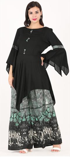 Party Wear Black and Grey color Tunic with Bottom in Rayon fabric with Printed work : 1825452