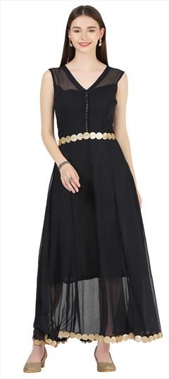 Party Wear Black and Grey color Gown in Georgette fabric with Sequence work : 1825457