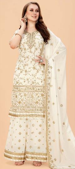 Festive, Party Wear White and Off White color Salwar Kameez in Georgette fabric with Palazzo Embroidered, Resham, Sequence, Thread work : 1825474