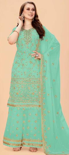 Festive, Party Wear Green color Salwar Kameez in Georgette fabric with Palazzo Embroidered, Resham, Sequence, Thread work : 1825476