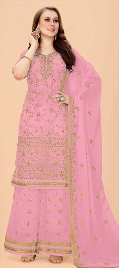 Festive, Party Wear Pink and Majenta color Salwar Kameez in Georgette fabric with Palazzo Embroidered, Resham, Sequence, Thread work : 1825478