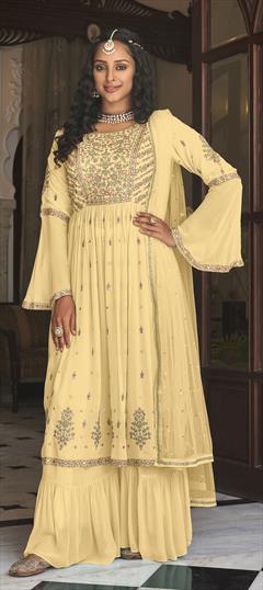 Festive, Party Wear Yellow color Salwar Kameez in Georgette fabric with Sharara Embroidered, Mirror, Resham, Stone, Thread, Zari work : 1825488