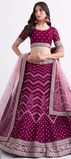 Bridal, Wedding Pink and Majenta color Lehenga in Georgette fabric with A Line Embroidered, Sequence, Thread work : 1825532