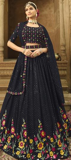 Reception, Wedding Blue color Lehenga in Georgette fabric with A Line Embroidered, Sequence, Thread work : 1825541