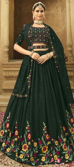 Reception, Wedding Green color Lehenga in Georgette fabric with A Line Embroidered, Sequence, Thread work : 1825543