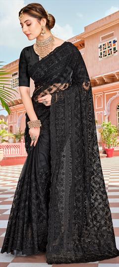 Reception, Wedding Black and Grey color Saree in Net fabric with Classic Embroidered, Moti, Resham, Stone, Thread work : 1825960