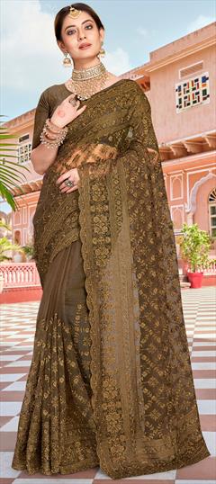 Reception, Wedding Green color Saree in Net fabric with Classic Embroidered, Moti, Resham, Stone, Thread work : 1825963