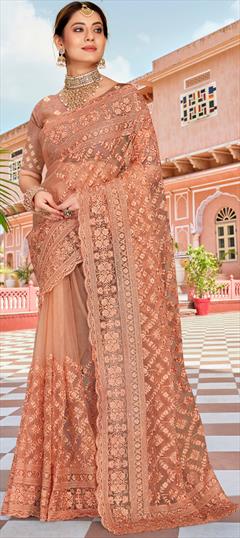 Reception, Wedding Pink and Majenta color Saree in Net fabric with Classic Embroidered, Moti, Resham, Stone, Thread work : 1825964