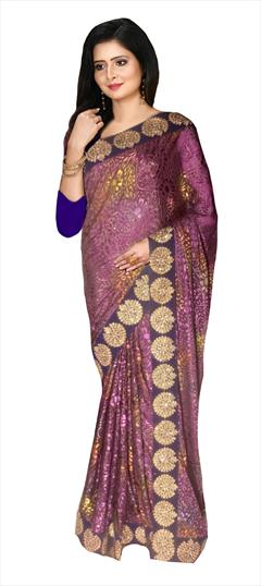 Bridal, Wedding Purple and Violet color Saree in Brasso fabric with Classic Border work : 1826004
