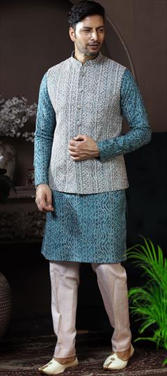 Blue color Kurta Pyjama with Jacket in Art Silk fabric with Bandhej, Embroidered work : 1826068