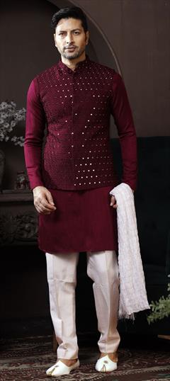 Red and Maroon color Kurta Pyjama with Jacket in Art Silk fabric with Embroidered, Thread work : 1826070