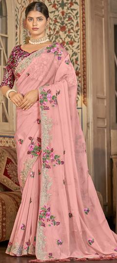 Traditional Pink and Majenta color Saree in Organza Silk, Silk fabric with South Border, Thread, Zari work : 1826140