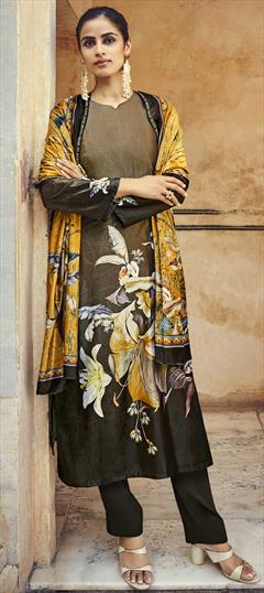 Casual, Party Wear Beige and Brown color Salwar Kameez in Velvet fabric with Straight Digital Print, Floral work : 1826332