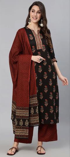 Casual, Party Wear Black and Grey color Salwar Kameez in Cotton fabric with Straight Printed work : 1826363