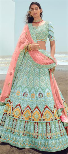 Reception, Wedding Blue color Lehenga in Georgette fabric with A Line Embroidered, Thread, Zircon work : 1826582