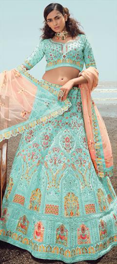 Reception, Wedding Blue color Lehenga in Georgette fabric with A Line Embroidered, Thread, Zircon work : 1826594