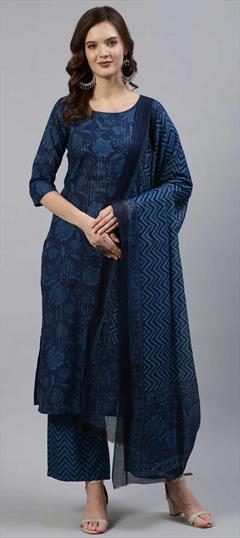 Casual, Party Wear Blue color Salwar Kameez in Cotton fabric with Straight Floral, Printed work : 1826671