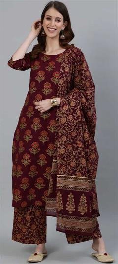 Casual, Party Wear Red and Maroon color Salwar Kameez in Cotton fabric with Straight Floral, Printed work : 1826676