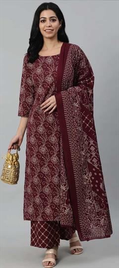 Casual, Party Wear Red and Maroon color Salwar Kameez in Cotton fabric with Straight Printed work : 1826695