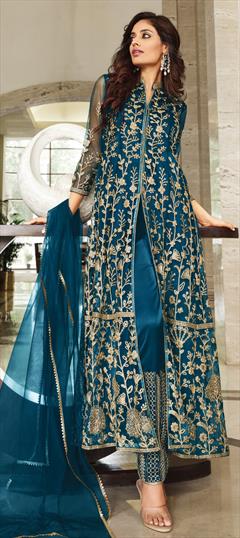 Festive, Reception Blue color Salwar Kameez in Net fabric with Slits Embroidered, Sequence, Thread work : 1826717
