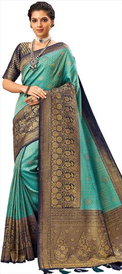 Traditional, Wedding Blue color Saree in Brocade fabric with South Stone, Weaving work : 1826788